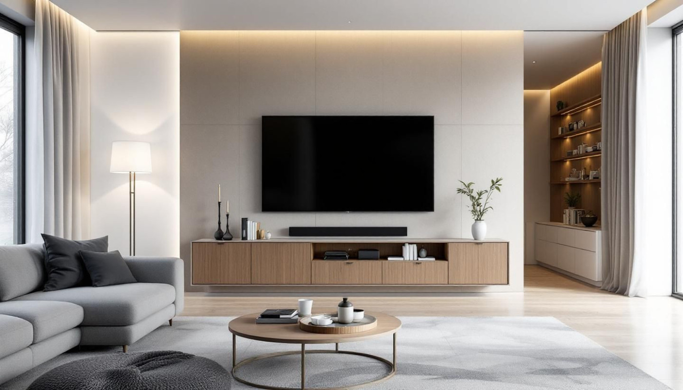Intégration harmonieuse d'un meuble TV dans une décoration minimaliste